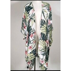 Moss Rose Cover up Kimono Womens OS Floral Palm Leaf Print Tropical Resort Beach